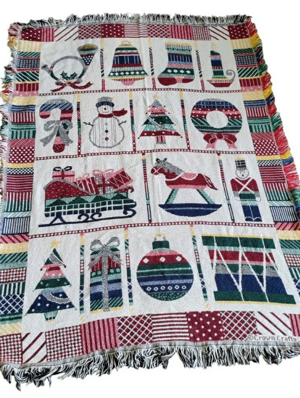 Vintage 90s Crown Crafts Holiday Fringe Tapestry Throw Blanket
